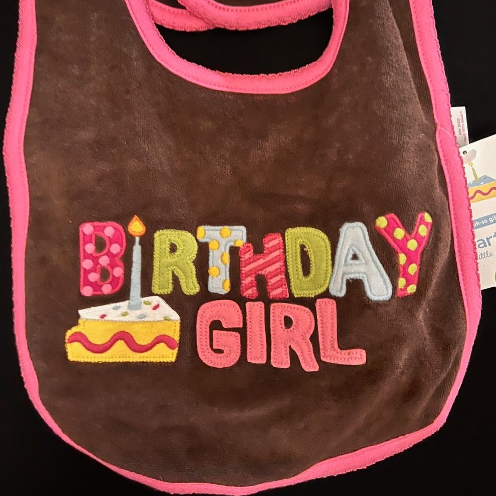 Carter's Brown and Pink & multi-color candles and cake Birthday Girl Bib NWT